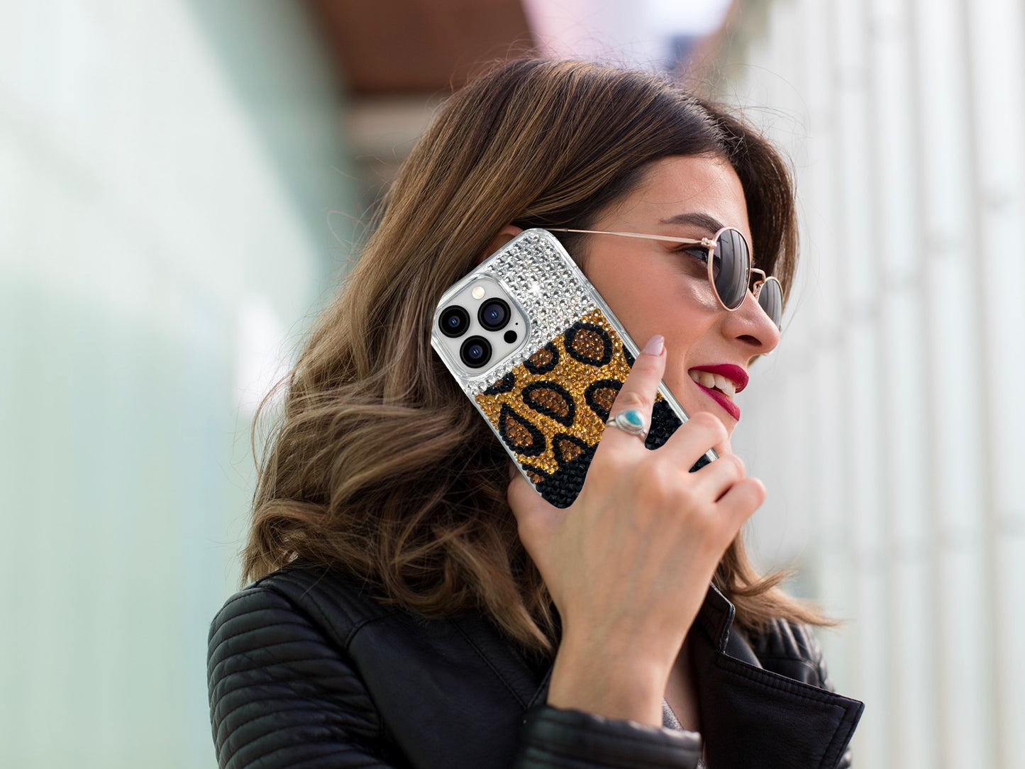 Black and White Leopard Print Bling Phone Case